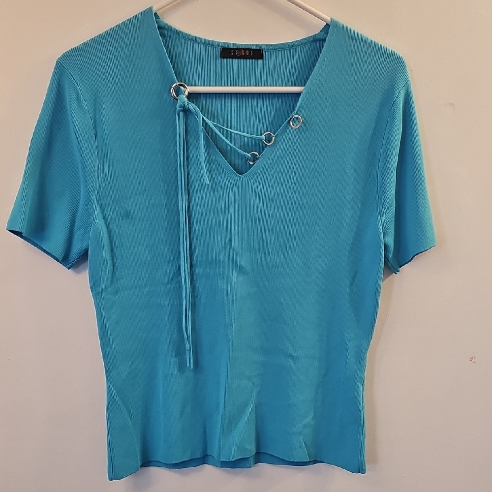Blue Ribbed V-Neck Top